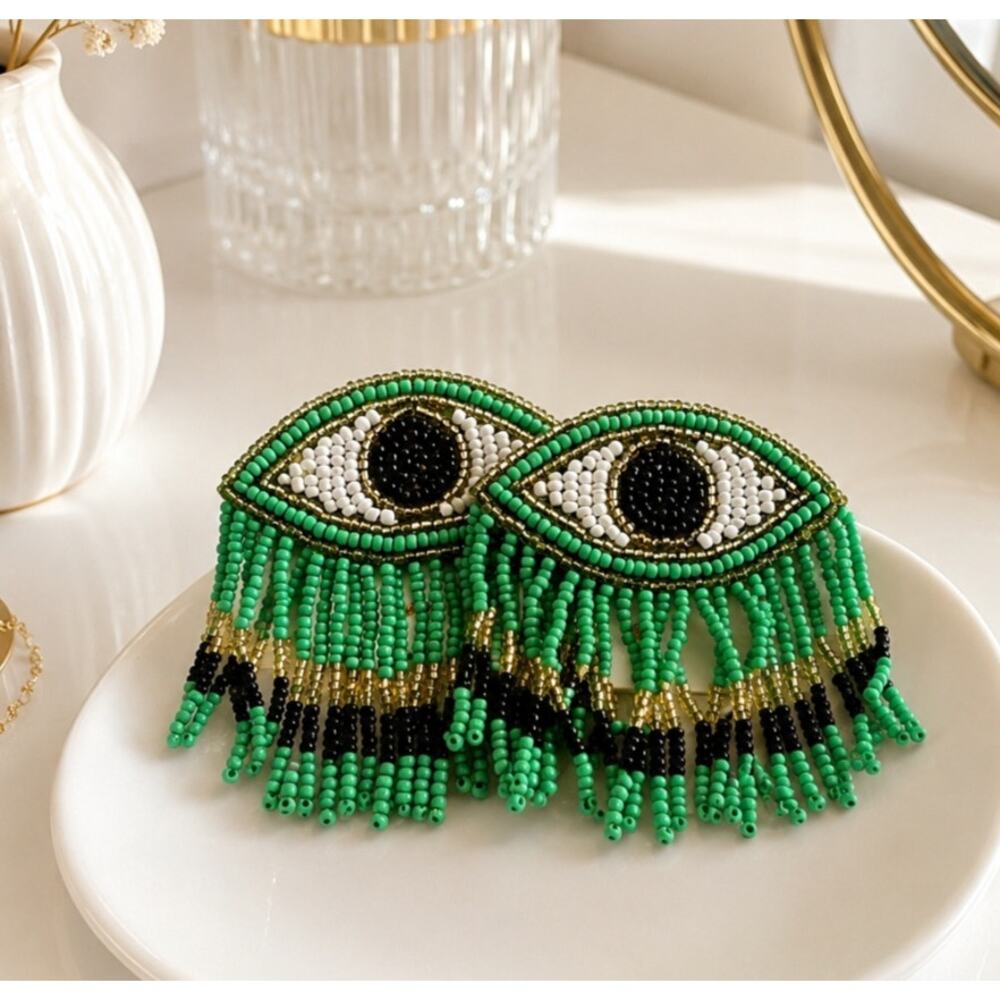 Kay Lee Green Evil Eye Beaded Earrings New